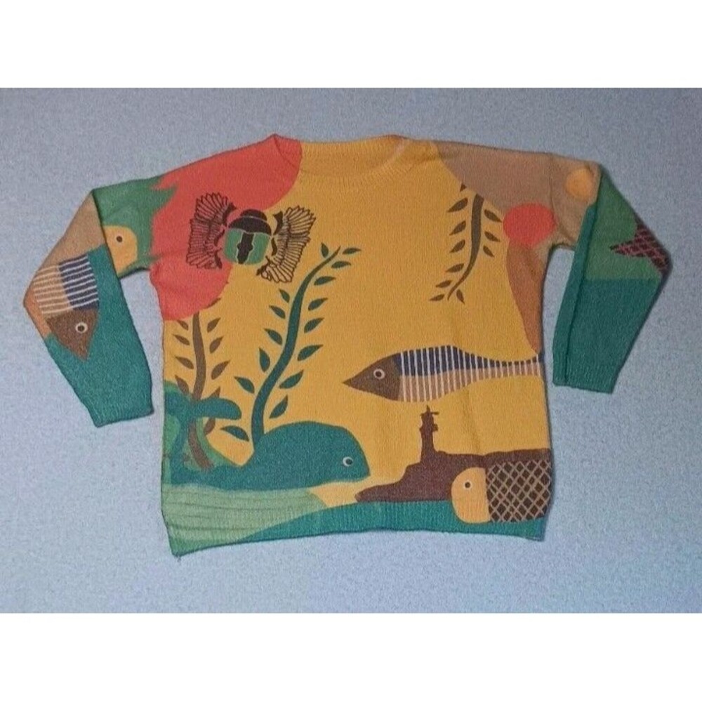 Yesno Long Sleeve Wool Blend Nautical Sweater L Oversized Lagenlook Ocean Fish
